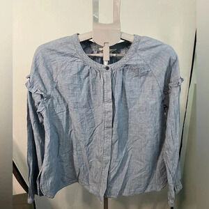 Madewell Denim Collarless Ruffle-Sleeve Shirt Size Large‎ B12